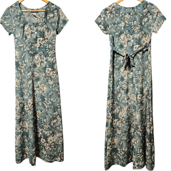 ​Vintage All That Jazz 90s Grunge Floral Maxi Dress Tie Back Cottagecore Green S - Picture 2 of 7
